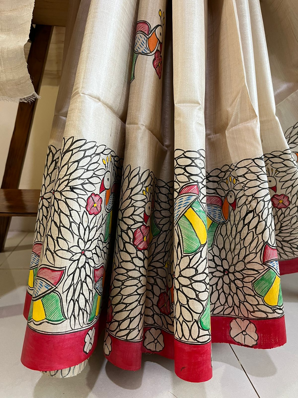 Pure Tussar Silk Handwoven saree with Madhubani Handpainting - Multicolour