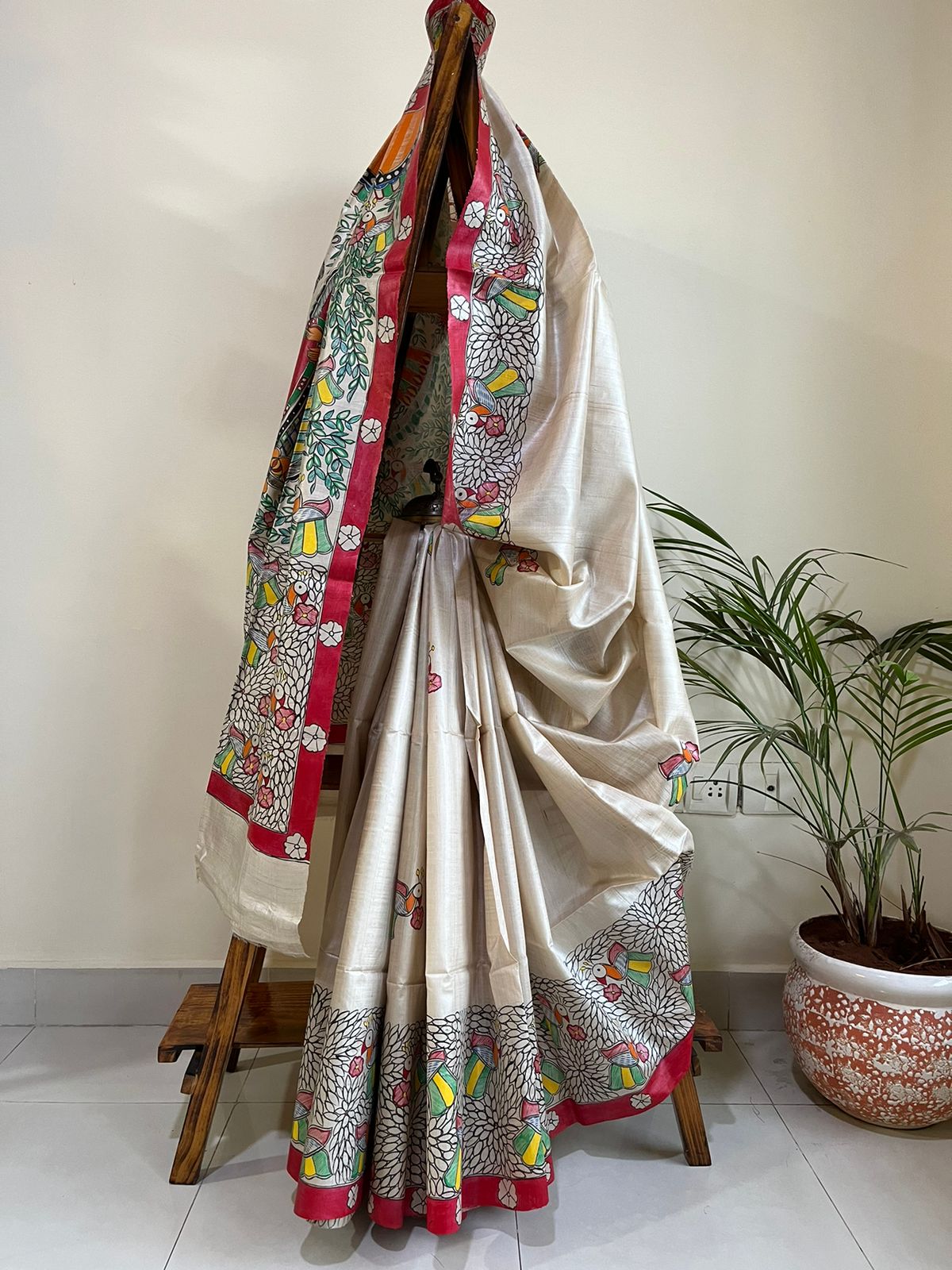 Pure Tussar Silk Handwoven saree with Madhubani Handpainting - Multicolour