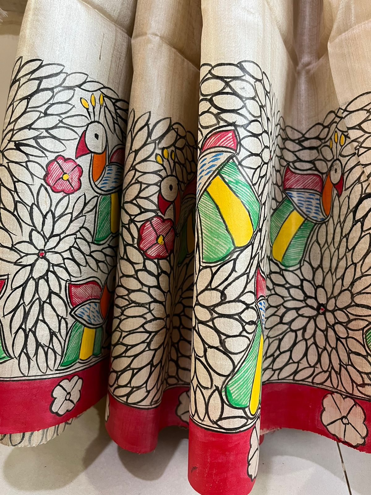 Pure Tussar Silk Handwoven saree with Madhubani Handpainting - Multicolour