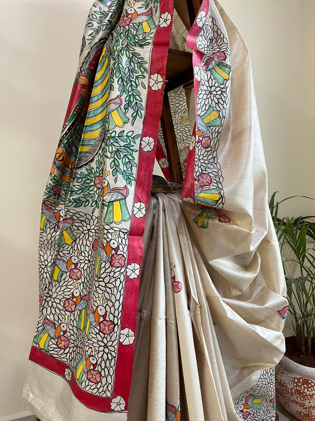 Pure Tussar Silk Handwoven saree with Madhubani Handpainting - Multicolour