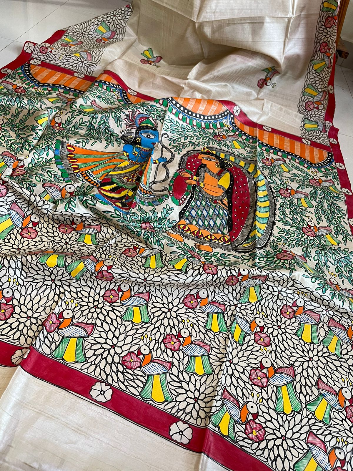 Pure Tussar Silk Handwoven saree with Madhubani Handpainting - Multicolour