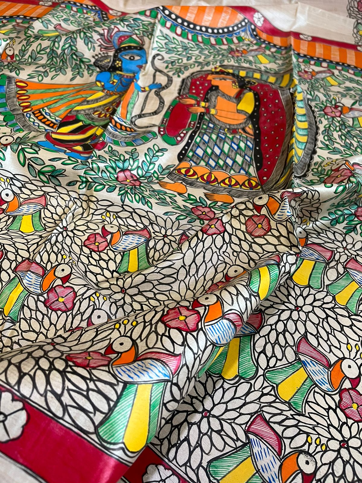 Pure Tussar Silk Handwoven saree with Madhubani Handpainting - Multicolour