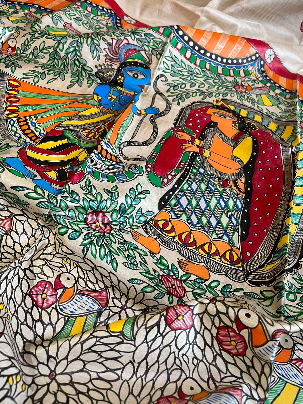 Pure Tussar Silk Handwoven saree with Madhubani Handpainting - Multicolour