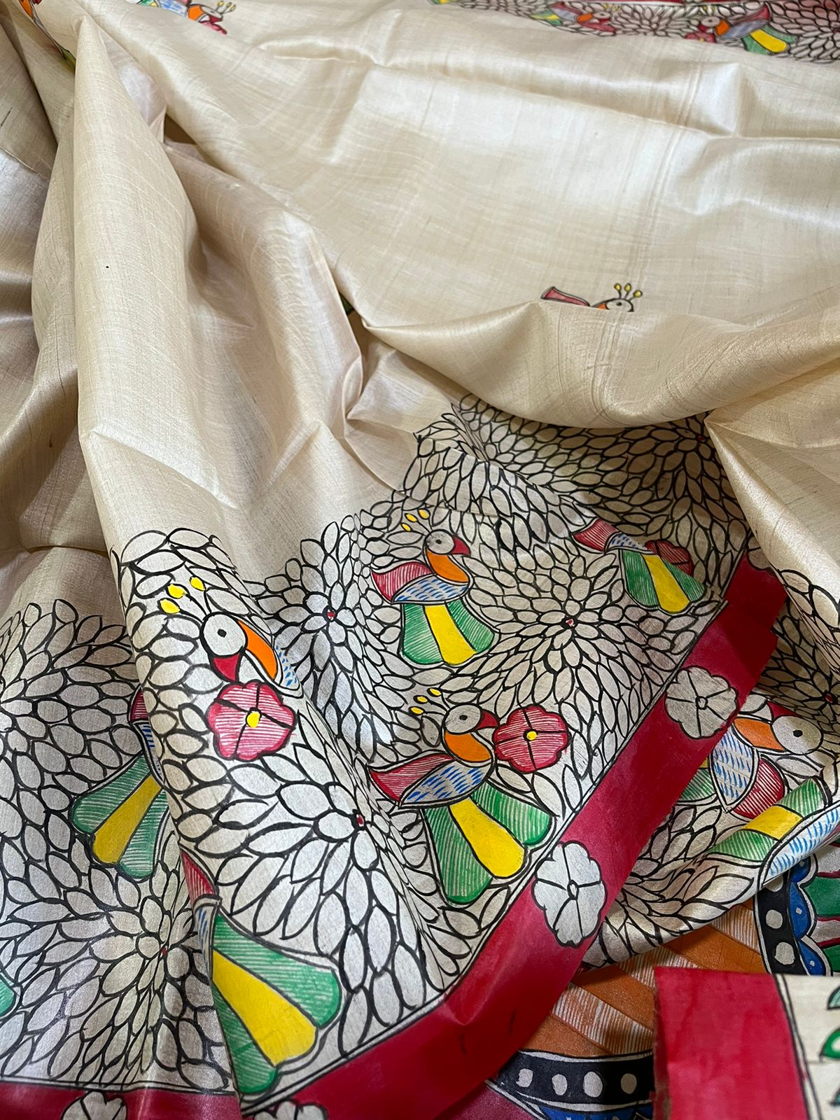 Pure Tussar Silk Handwoven saree with Madhubani Handpainting - Multicolour