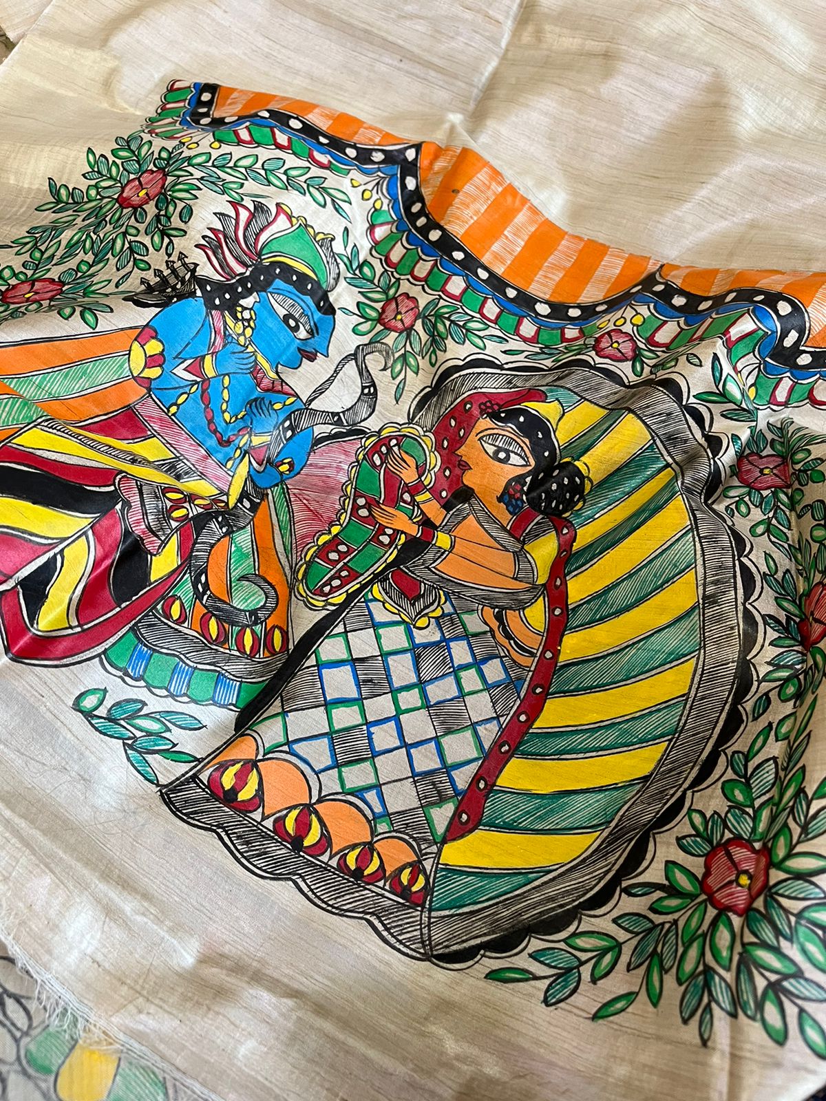 Pure Tussar Silk Handwoven saree with Madhubani Handpainting - Multicolour