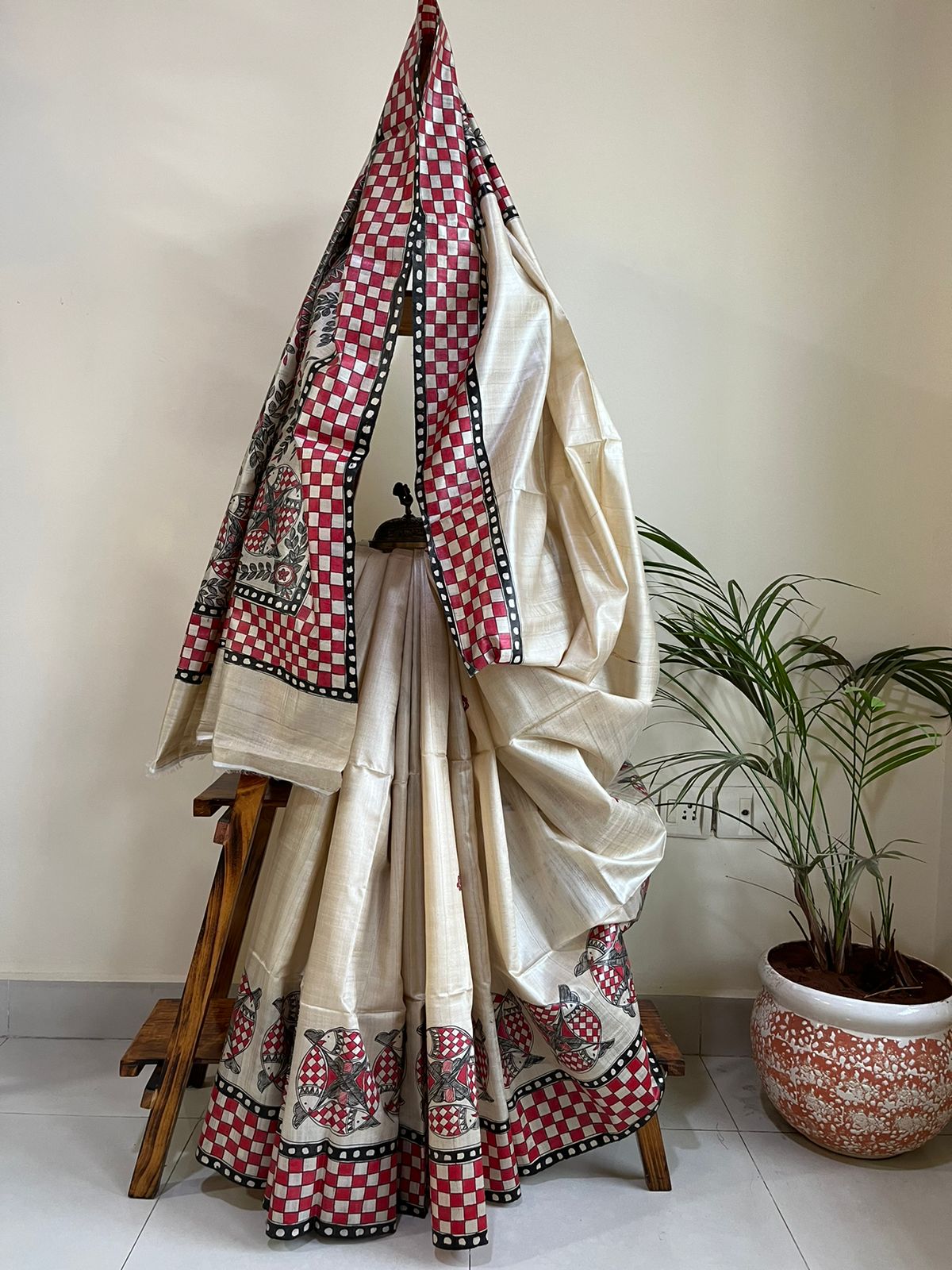 Pure Tussar Silk Handwoven saree with Madhubani Handpainting - Multicolour
