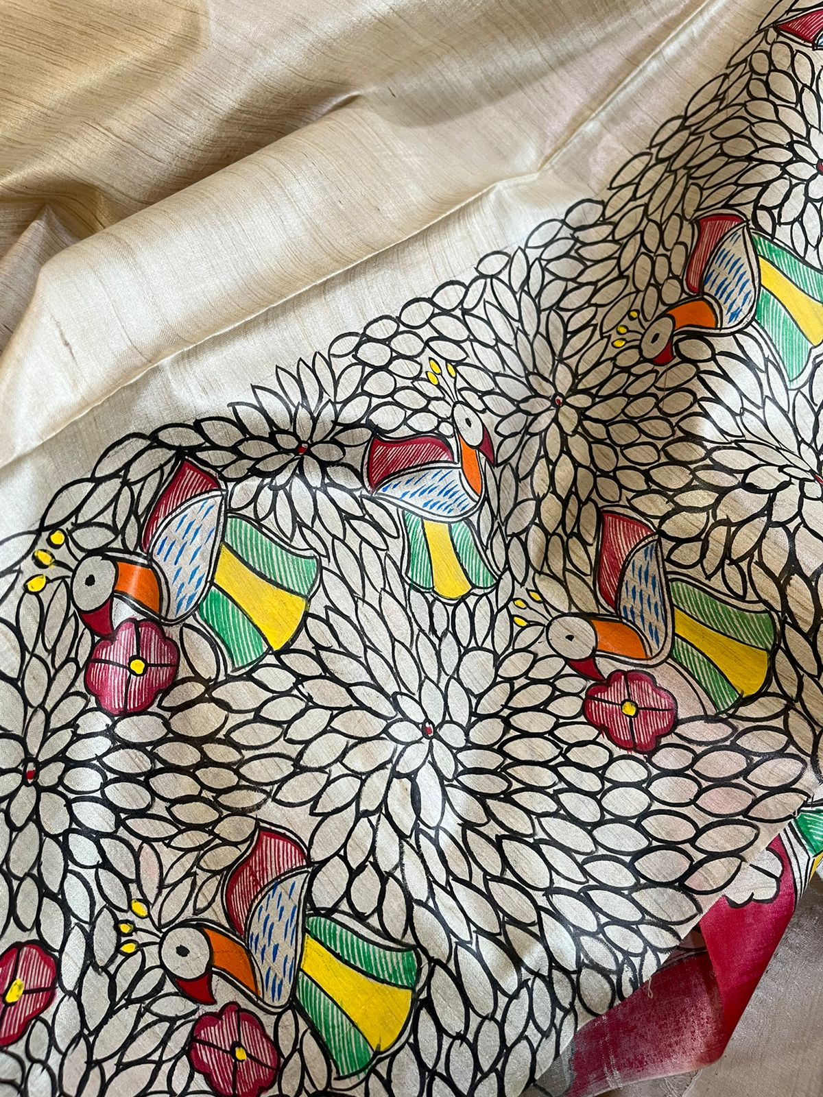 Pure Tussar Silk Handwoven saree with Madhubani Handpainting - Multicolour