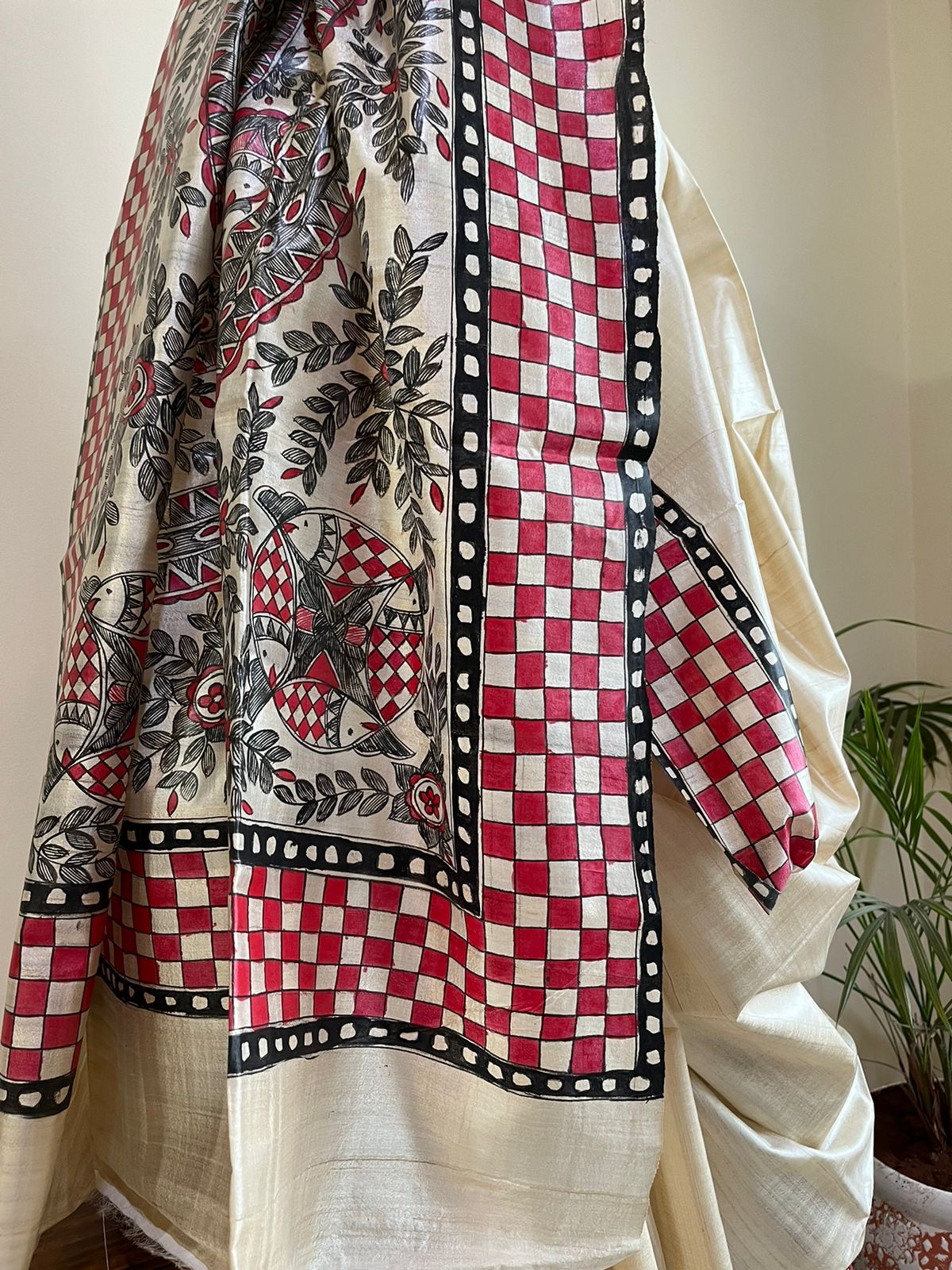 Pure Tussar Silk Handwoven saree with Madhubani Handpainting - Multicolour