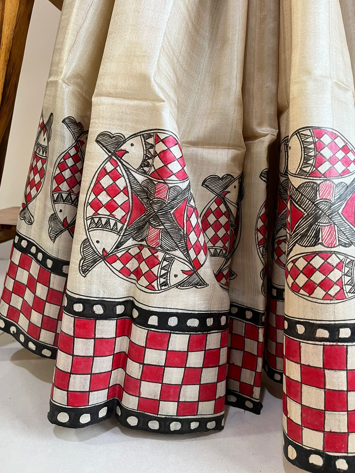 Pure Tussar Silk Handwoven saree with Madhubani Handpainting - Multicolour