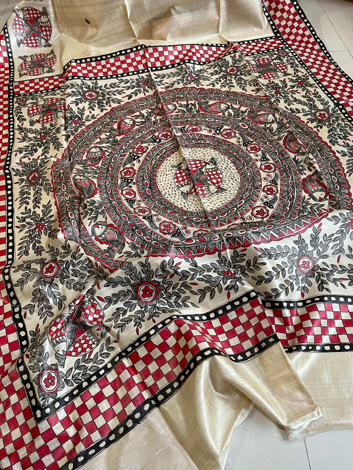 Pure Tussar Silk Handwoven saree with Madhubani Handpainting - Multicolour