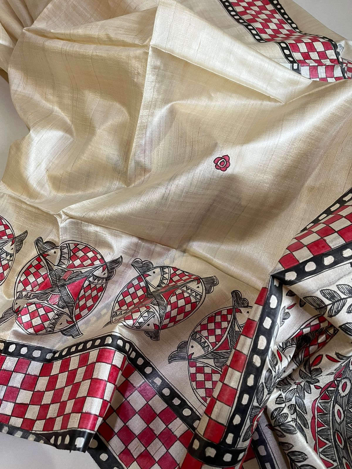 Pure Tussar Silk Handwoven saree with Madhubani Handpainting - Multicolour