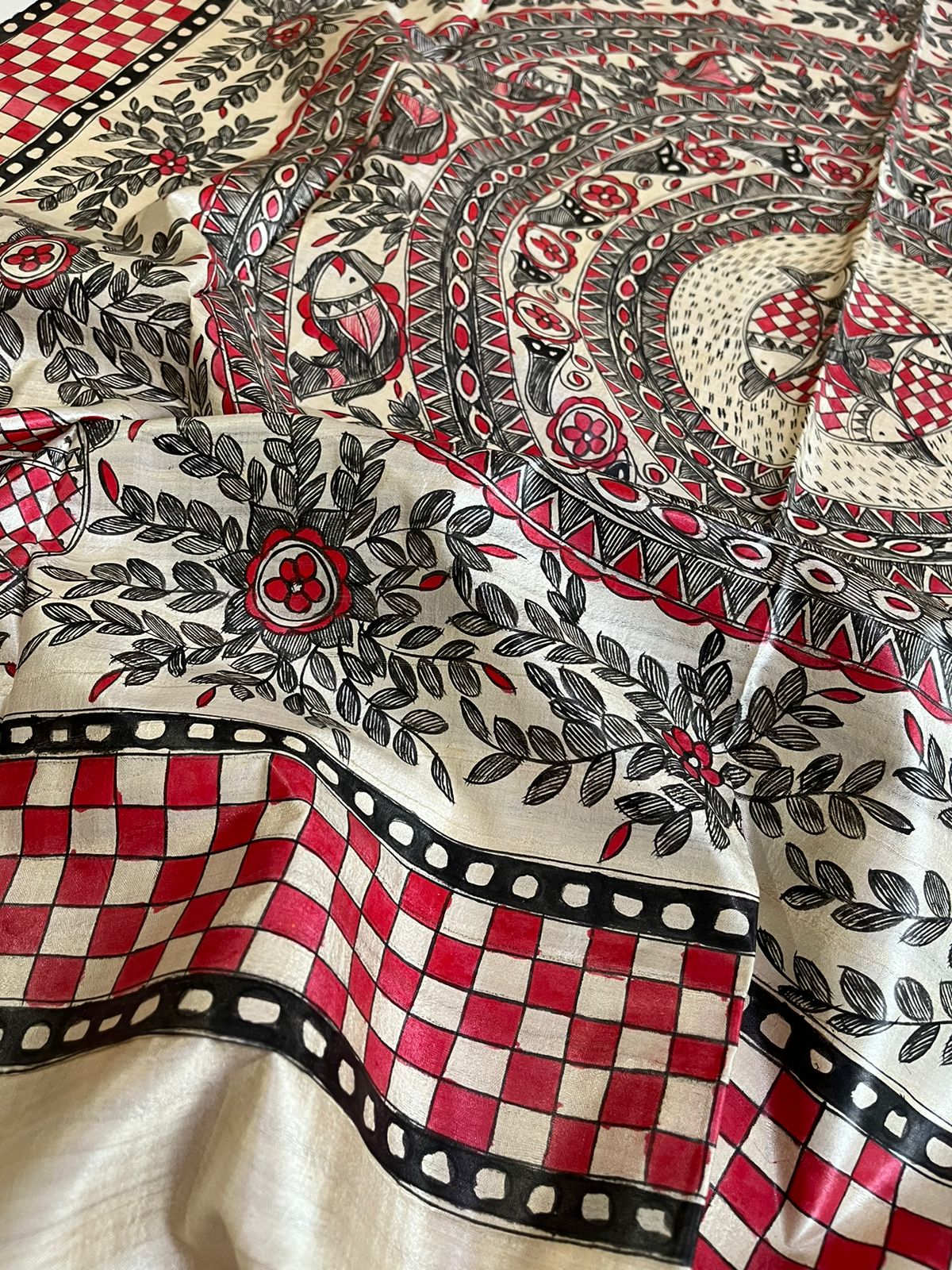 Pure Tussar Silk Handwoven saree with Madhubani Handpainting - Multicolour