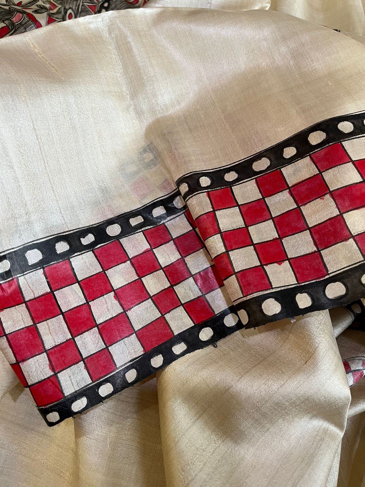 Pure Tussar Silk Handwoven saree with Madhubani Handpainting - Multicolour