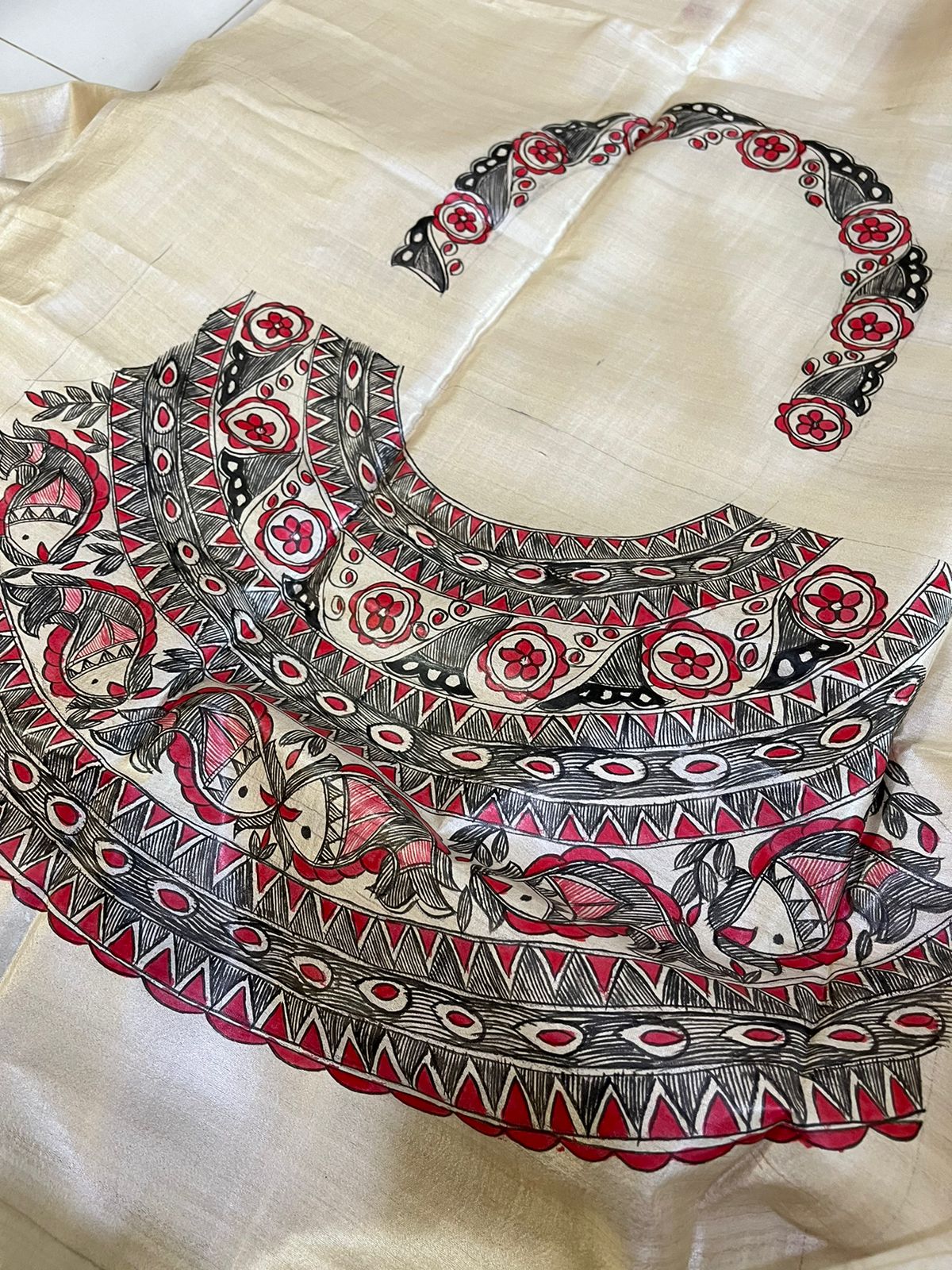 Pure Tussar Silk Handwoven saree with Madhubani Handpainting - Multicolour