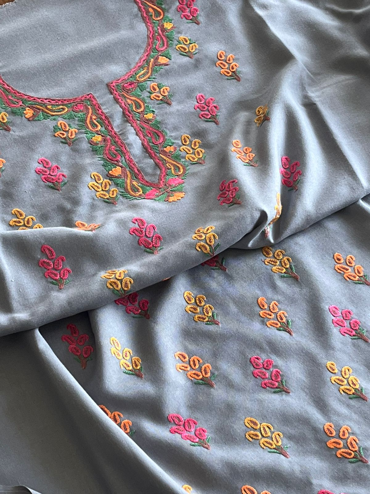 Beautiful Summer Cool Kurta and bottom set with hand Aari work - Grey