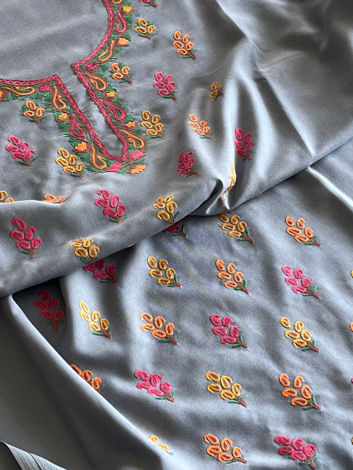 Beautiful Summer Cool Kurta and bottom set with hand Aari work - Grey