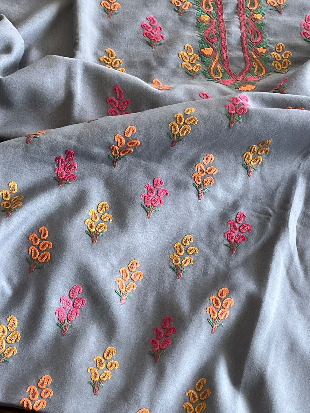 Beautiful Summer Cool Kurta and bottom set with hand Aari work - Grey