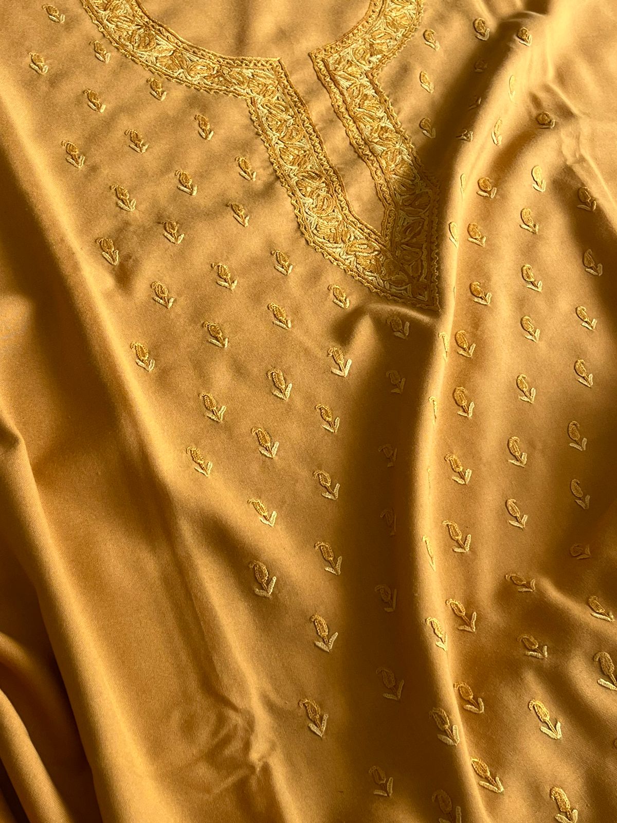 Beautiful Summer Cool Kurta and bottom set with hand Aari work - Goldish Yellow