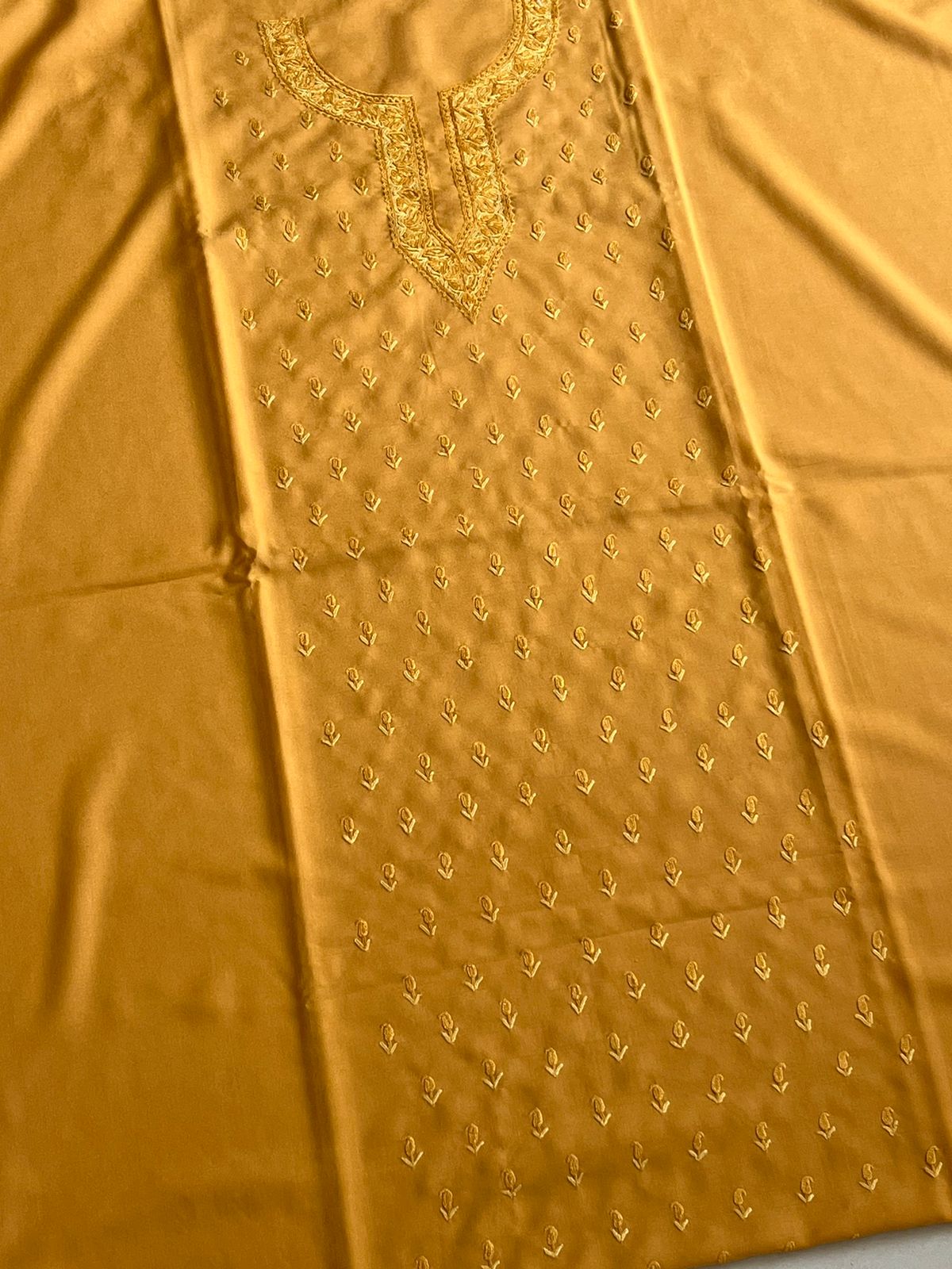 Beautiful Summer Cool Kurta and bottom set with hand Aari work - Goldish Yellow