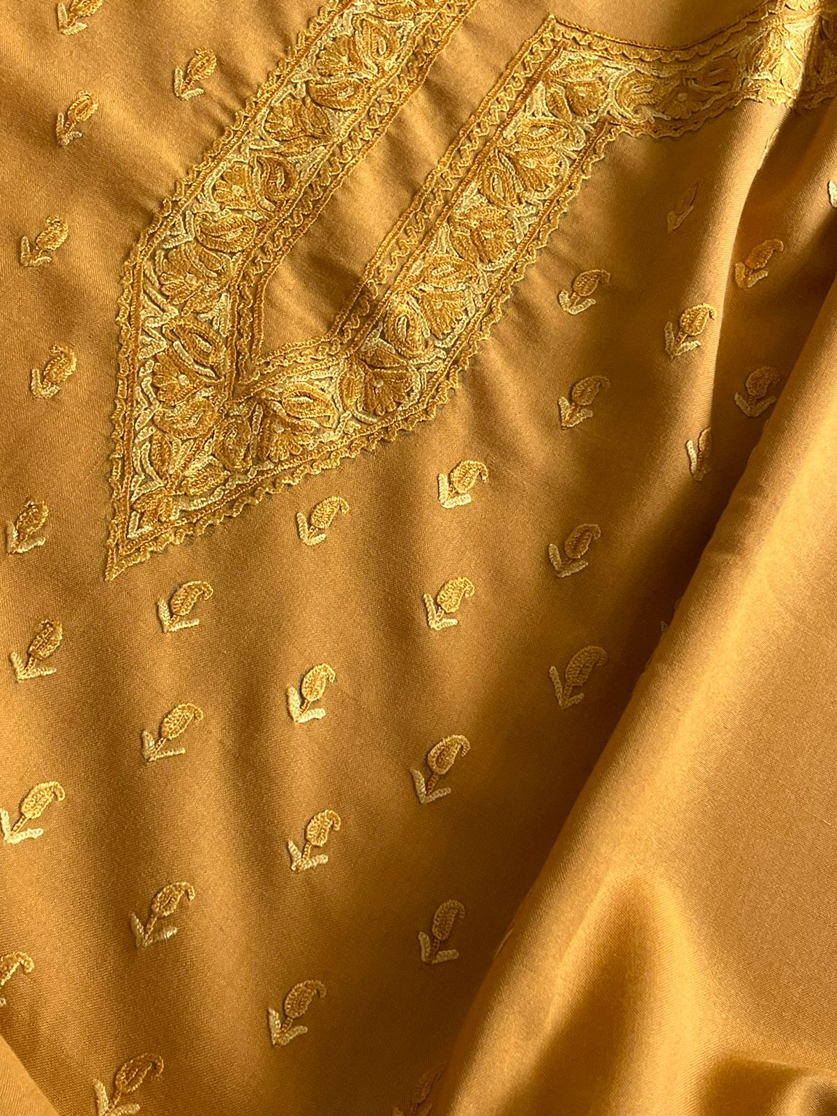 Beautiful Summer Cool Kurta and bottom set with hand Aari work - Goldish Yellow
