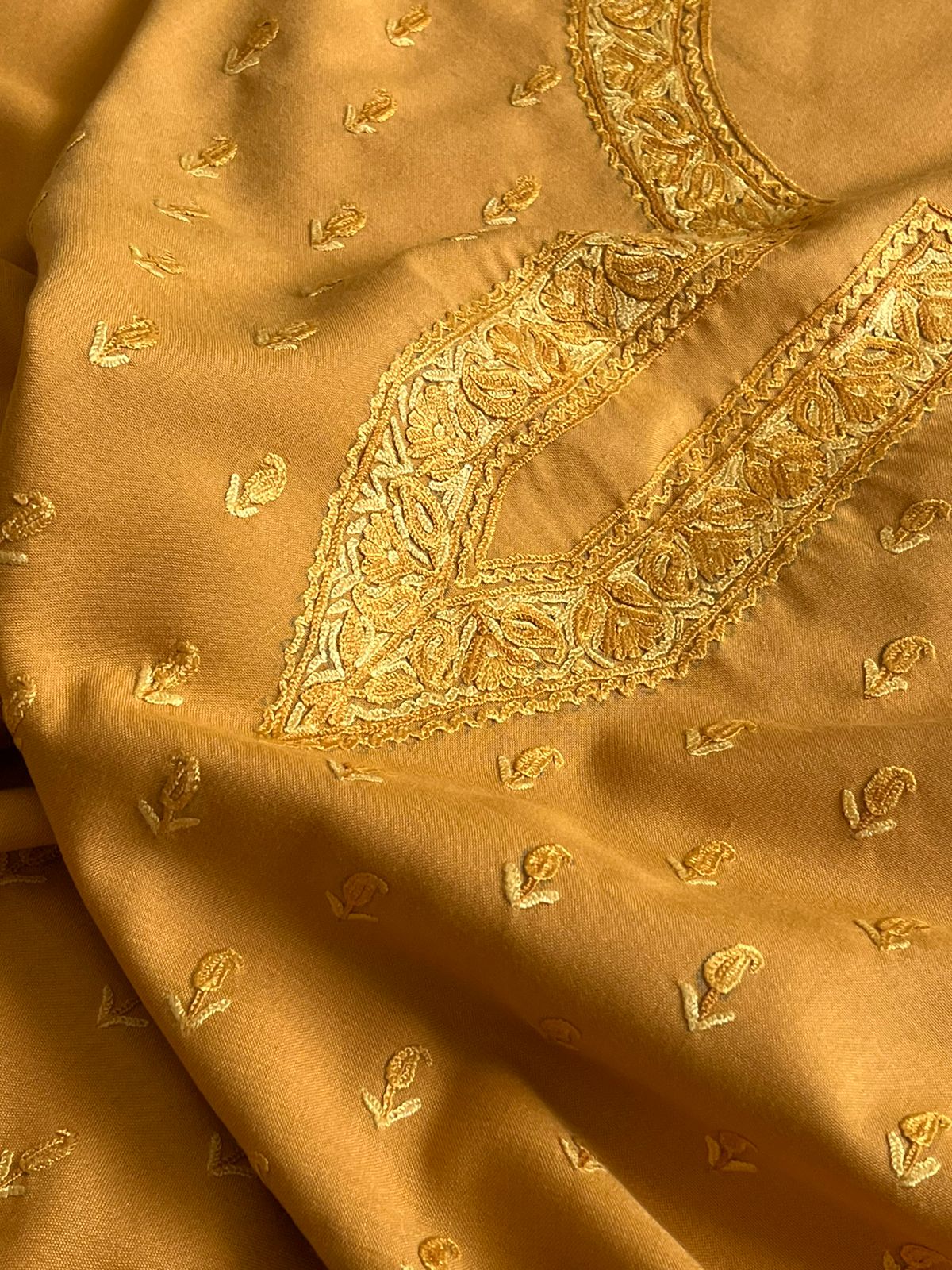 Beautiful Summer Cool Kurta and bottom set with hand Aari work - Goldish Yellow