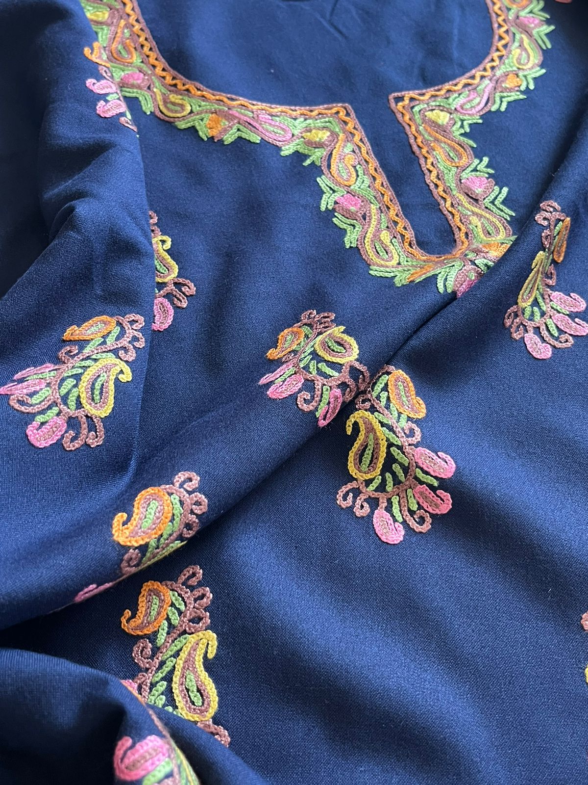 Beautiful Summer Cool Kurta and bottom set with hand Aari work - Navya Blue