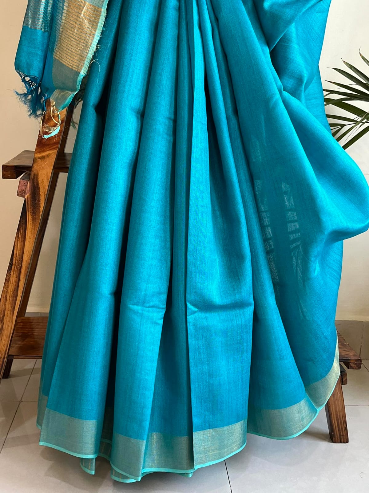 Pure Tussar Silk Handwoven Zari Saree - Turquoise Blue