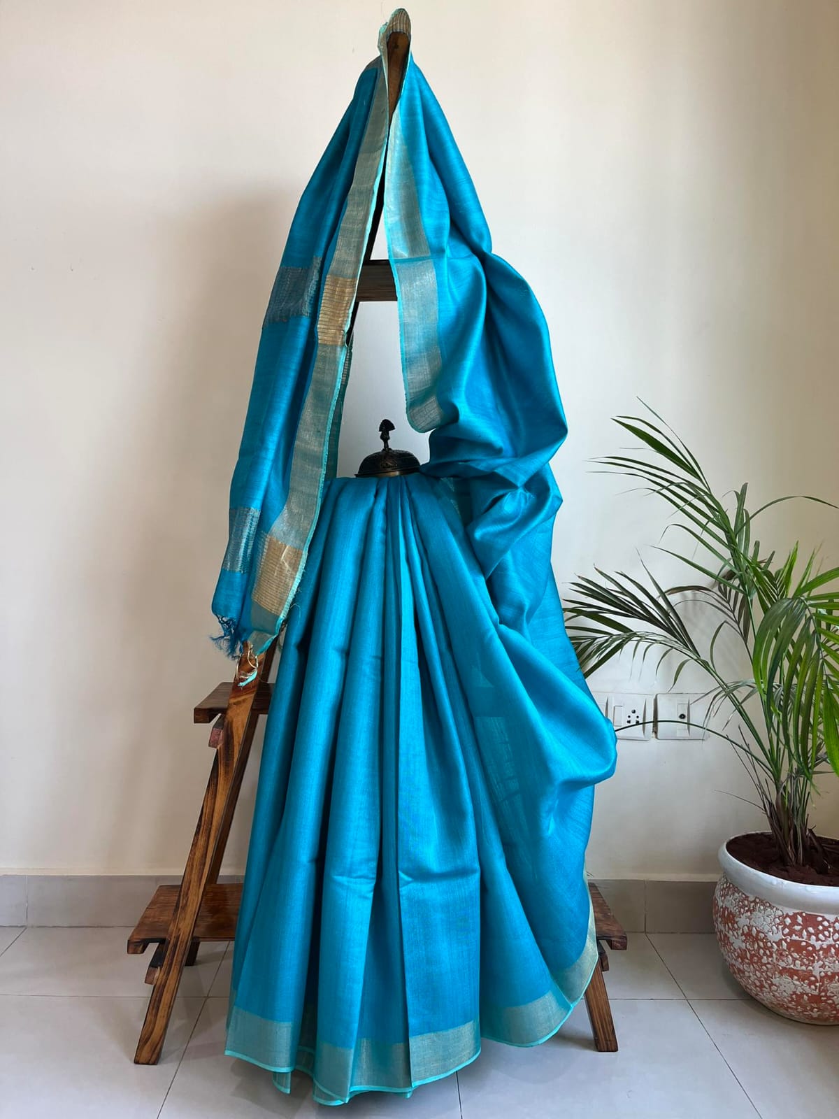 Pure Tussar Silk Handwoven Zari Saree - Turquoise Blue