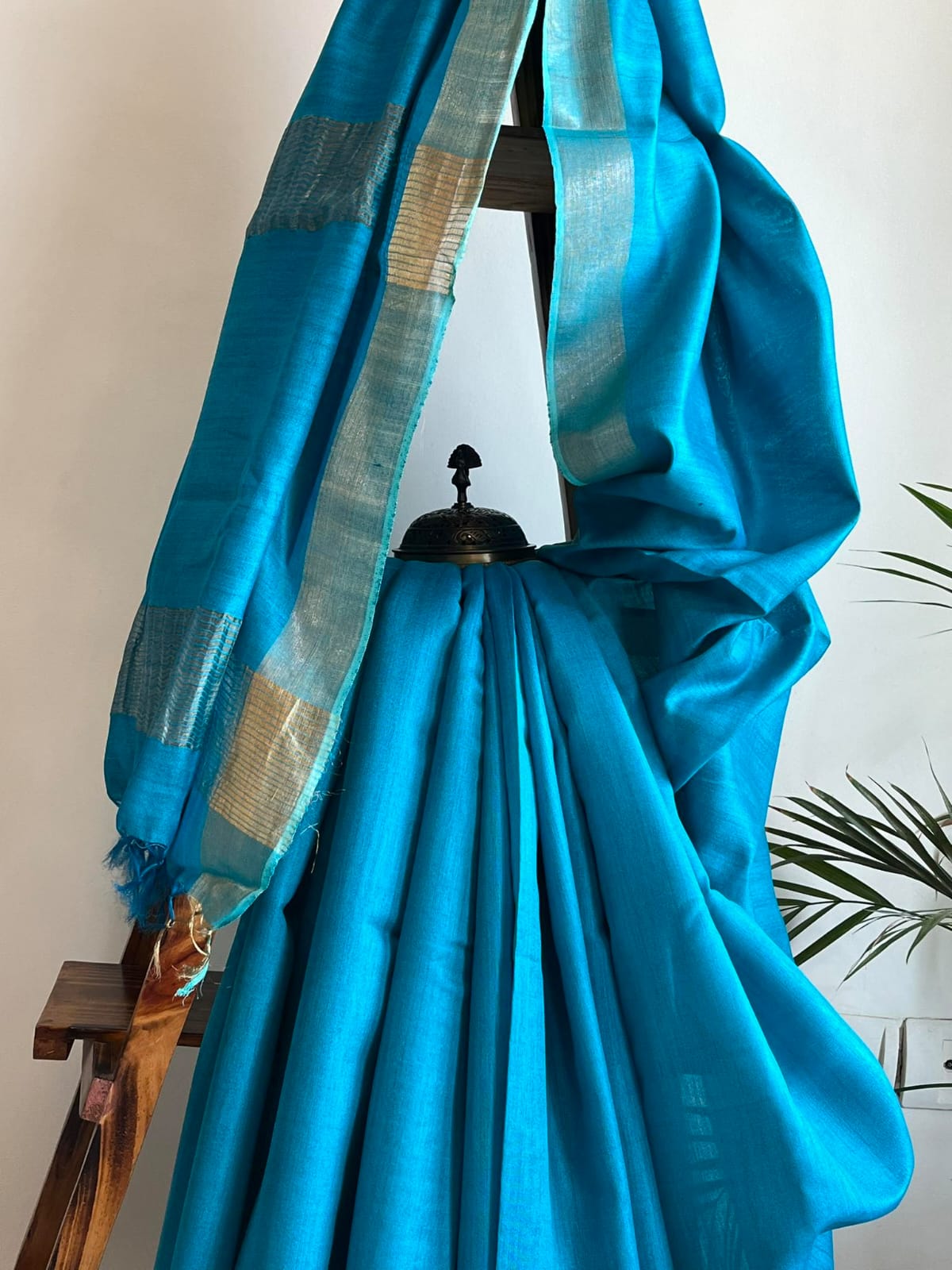 Pure Tussar Silk Handwoven Zari Saree - Turquoise Blue