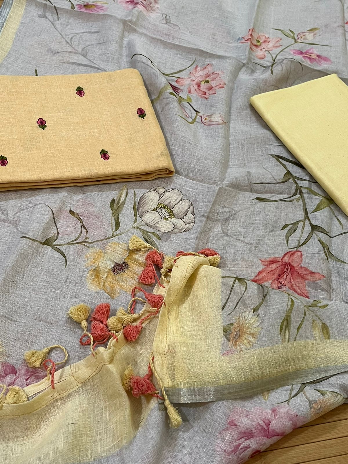 Pure Linen Embroidered 3 piece Suits - yellow