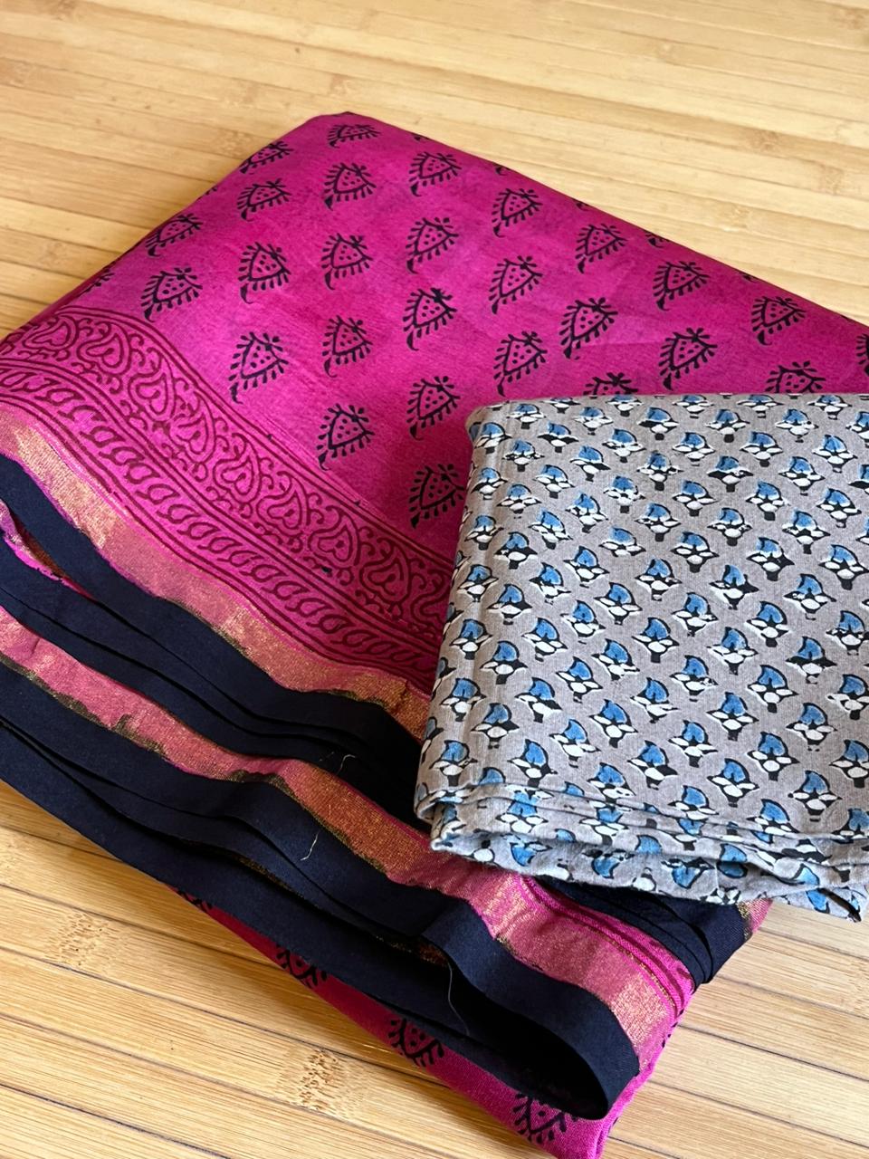 Chanderi Silk Cotton saree with traditional bagh handblock print - Pink