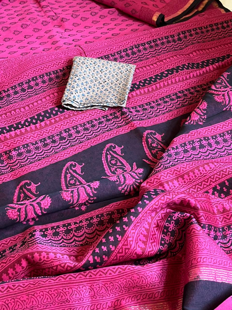 Chanderi Silk Cotton saree with traditional bagh handblock print - Pink