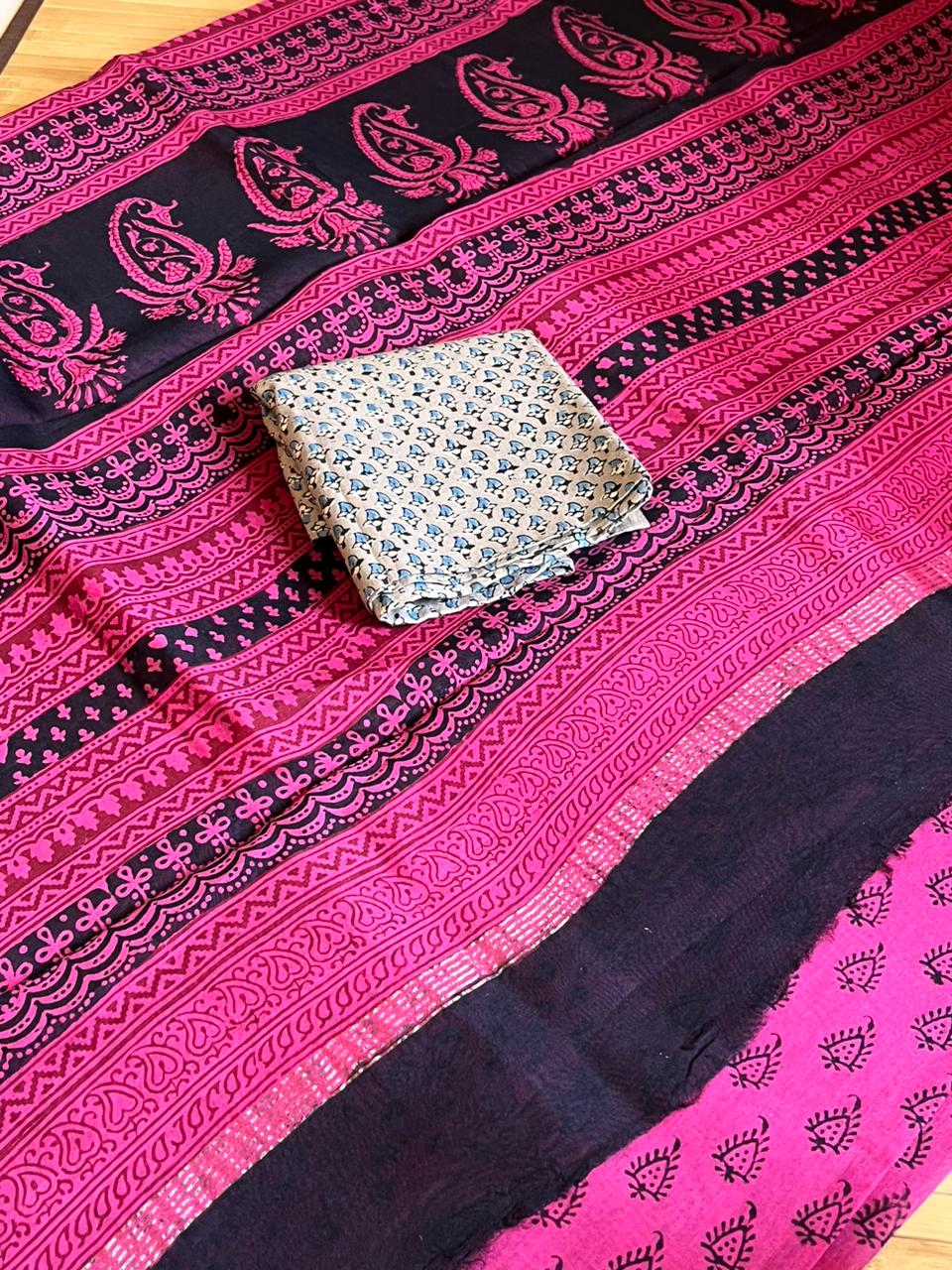 Chanderi Silk Cotton saree with traditional bagh handblock print - Pink