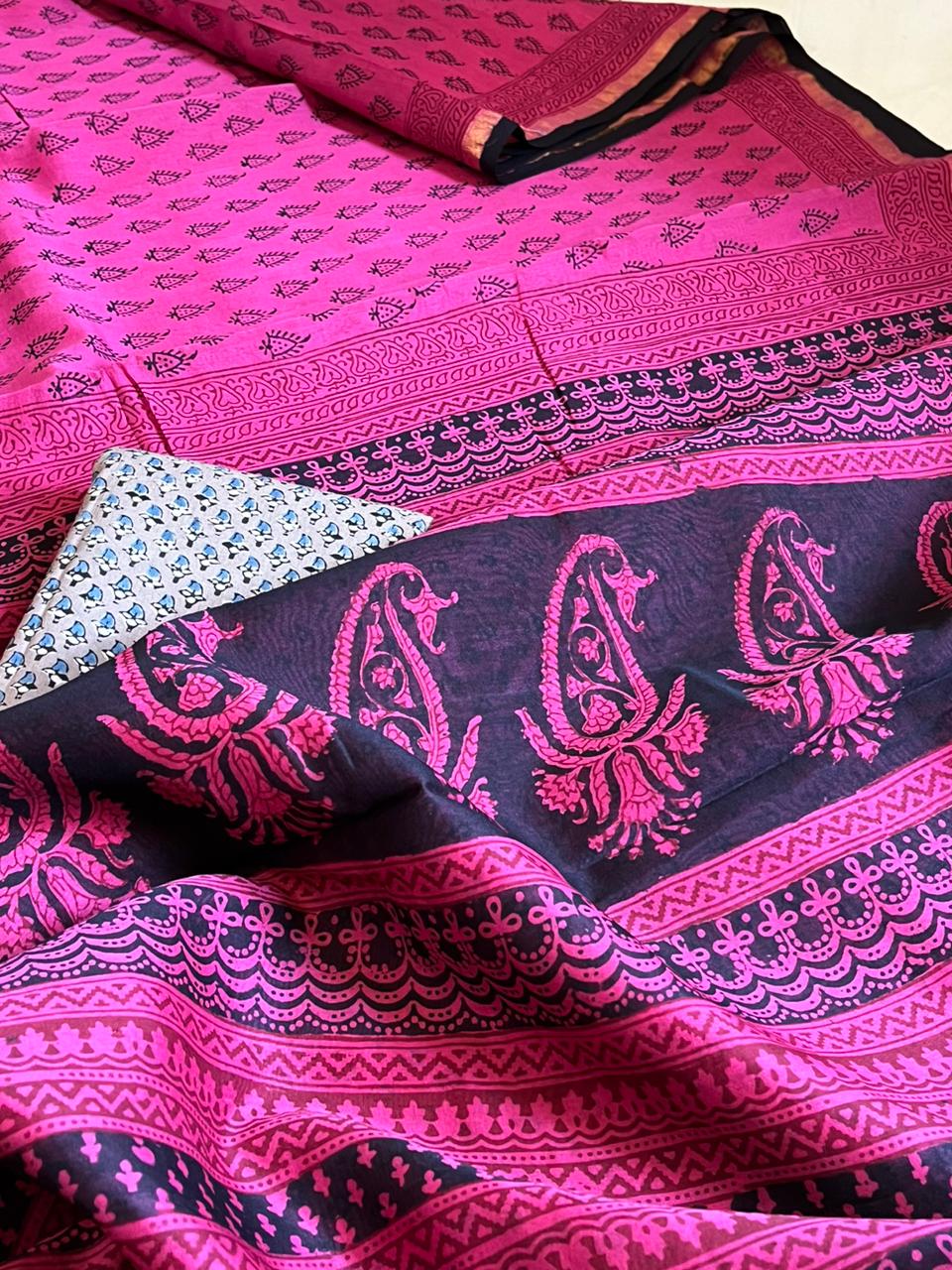 Chanderi Silk Cotton saree with traditional bagh handblock print - Pink