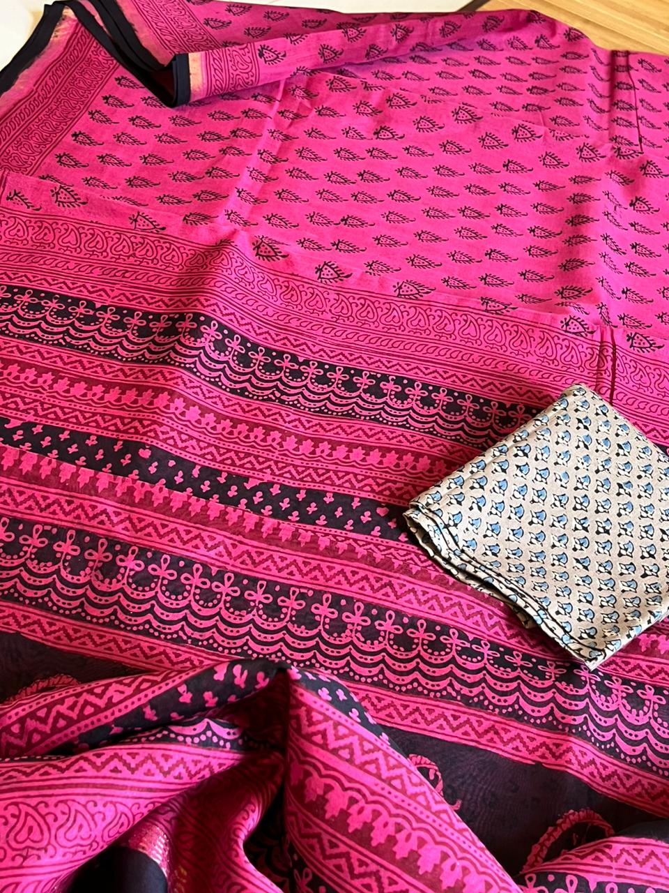 Chanderi Silk Cotton saree with traditional bagh handblock print - Pink