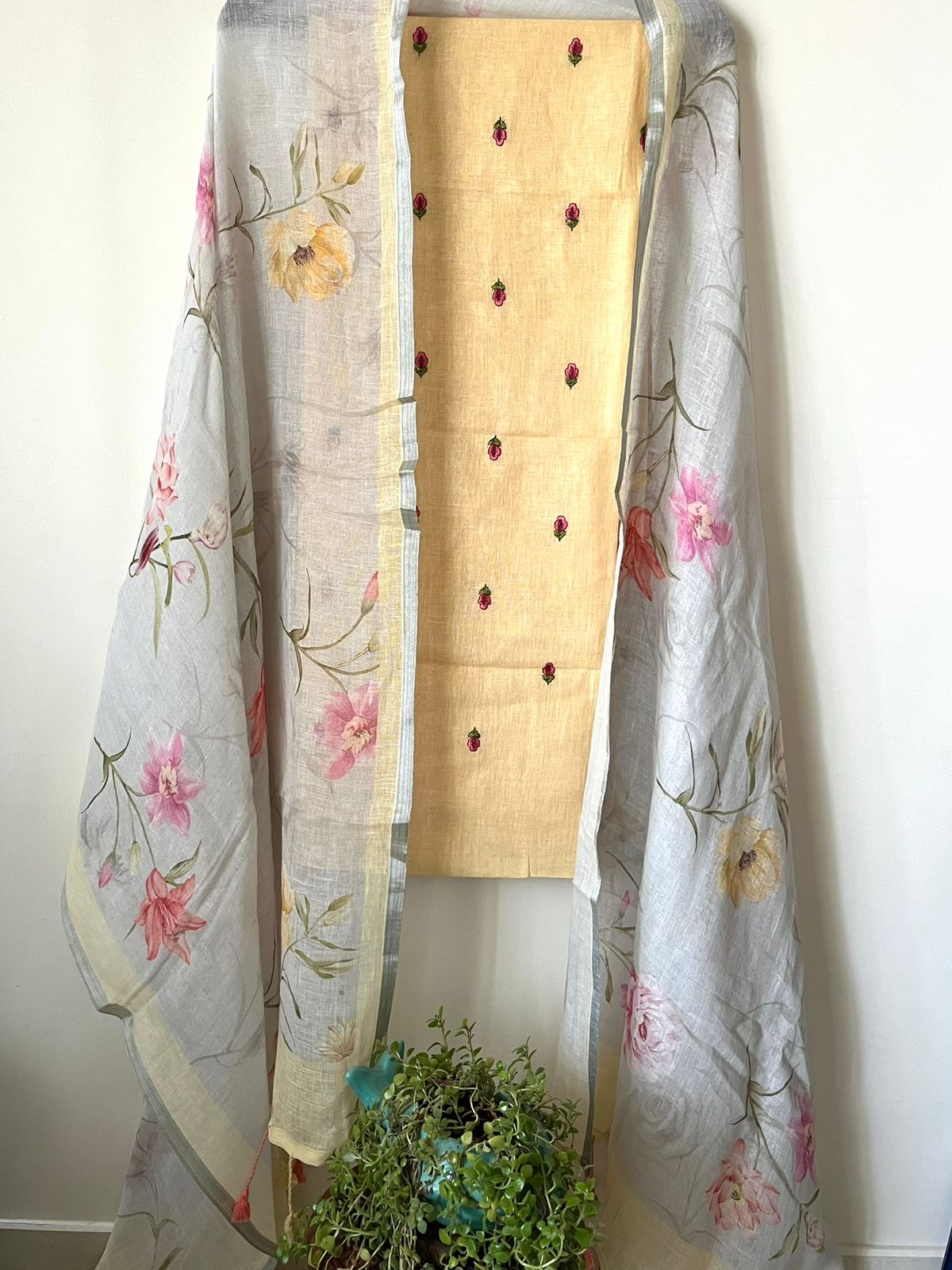 Pure Linen Embroidered 3 piece Suits - yellow