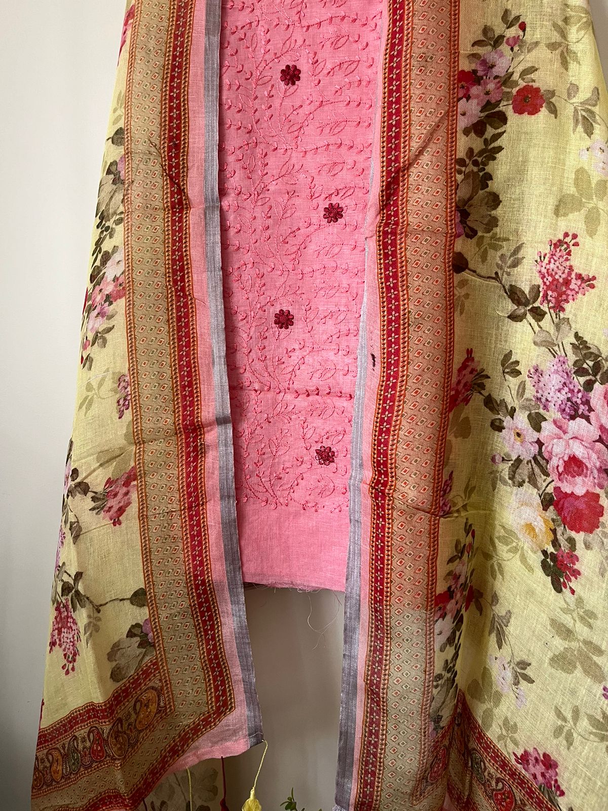 Pure Linen Embroidered 3-piece Suits - Pink