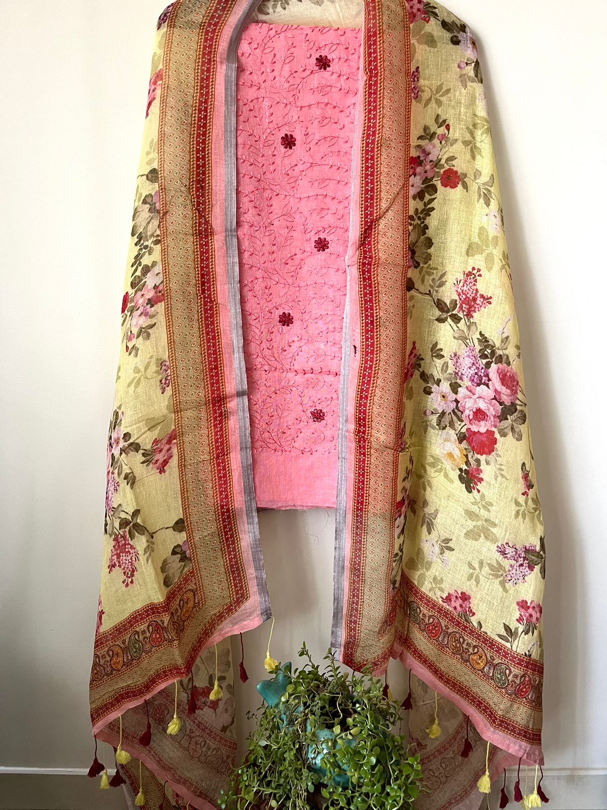 Pure Linen Embroidered 3-piece Suits - Pink