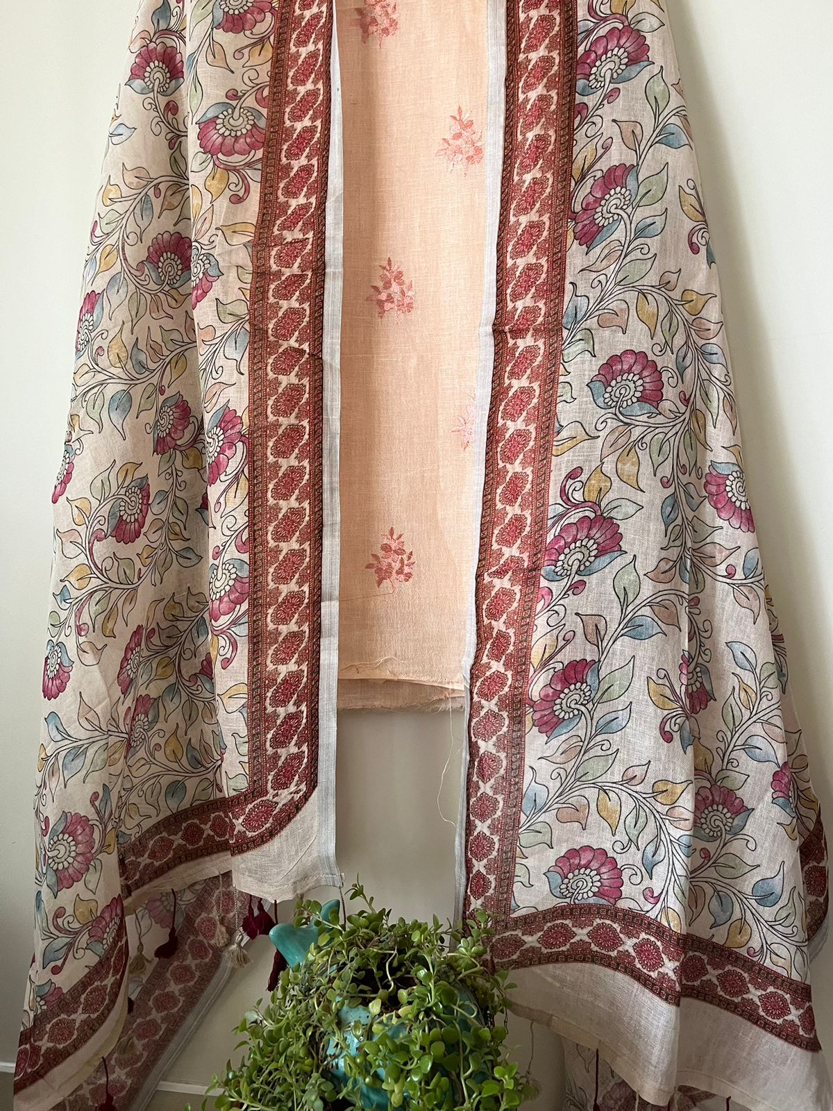 Pure Linen Embroidered 3-piece Suits - Light Peach