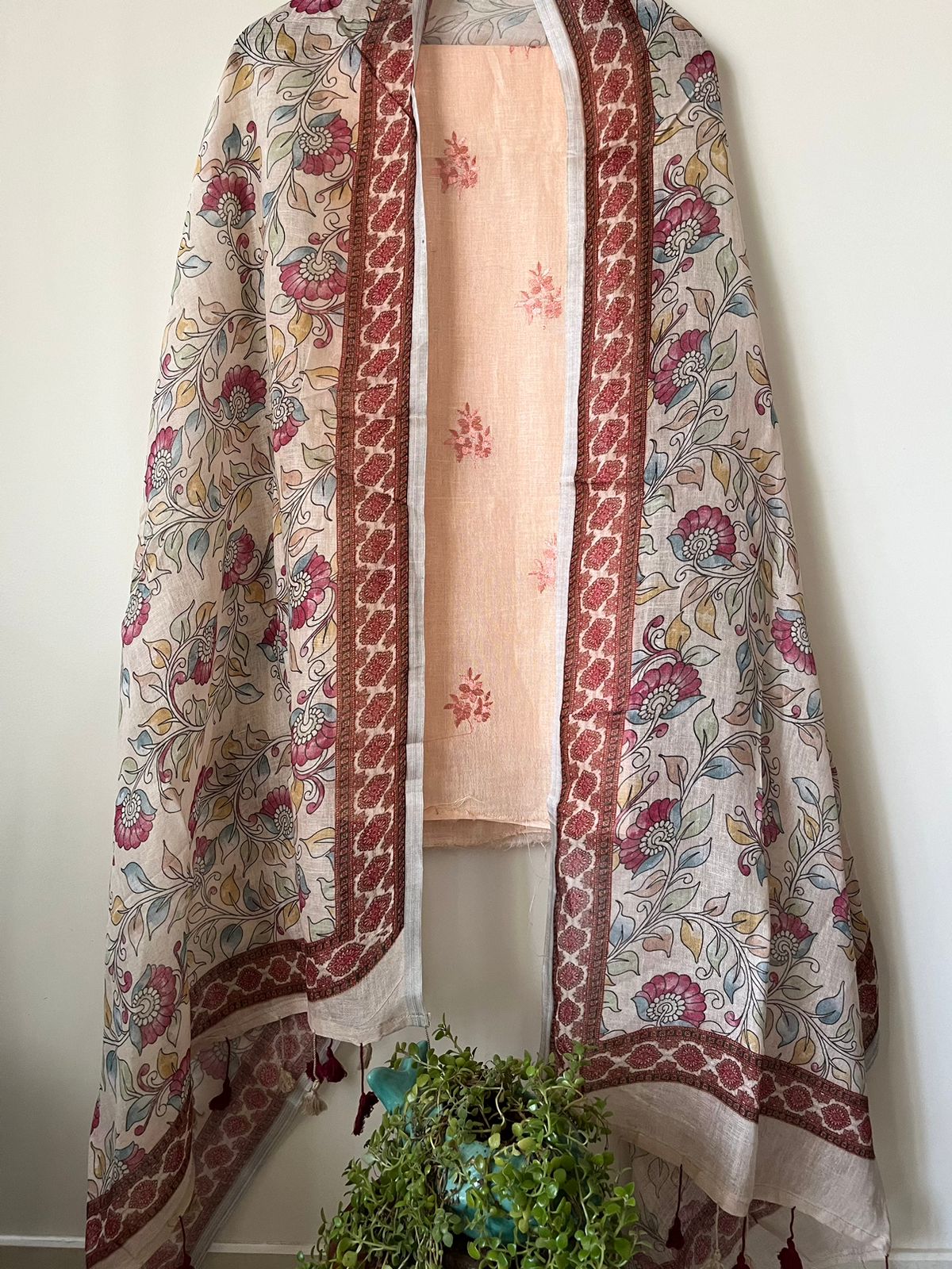 Pure Linen Embroidered 3-piece Suits - Light Peach