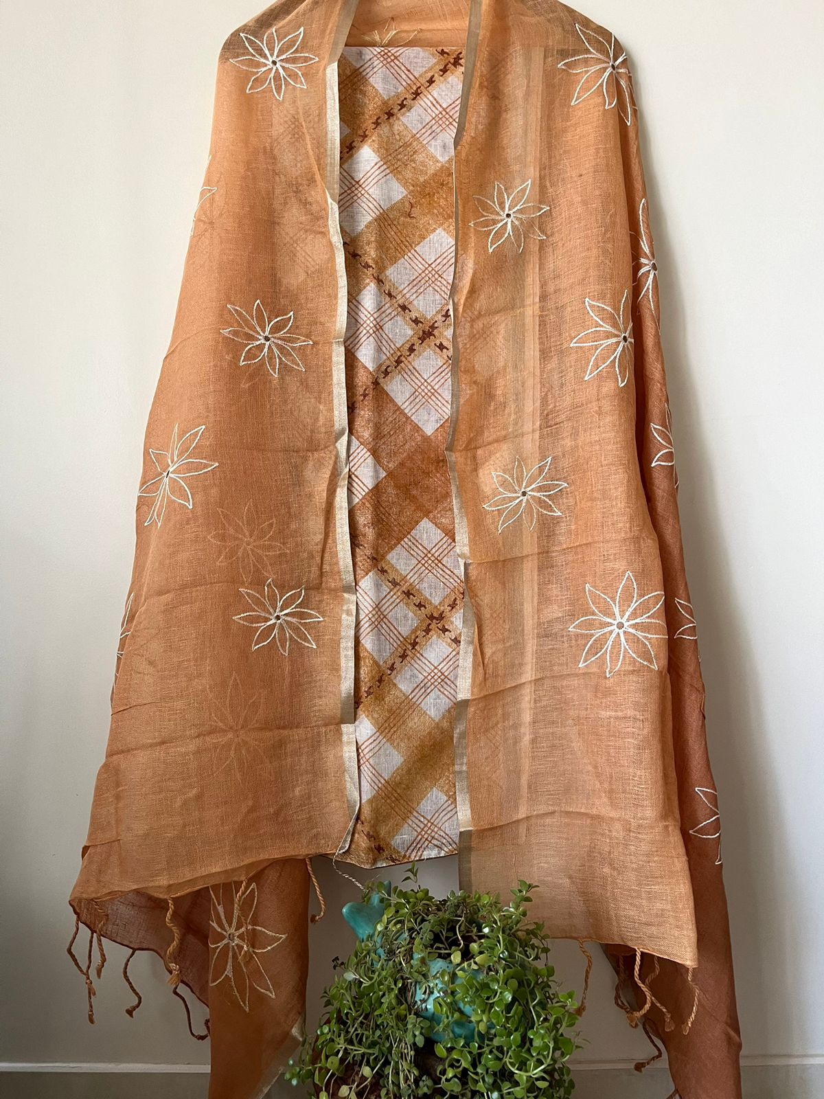 Pure Linen Embroidered 3 - piece Suits - Coffee Brown