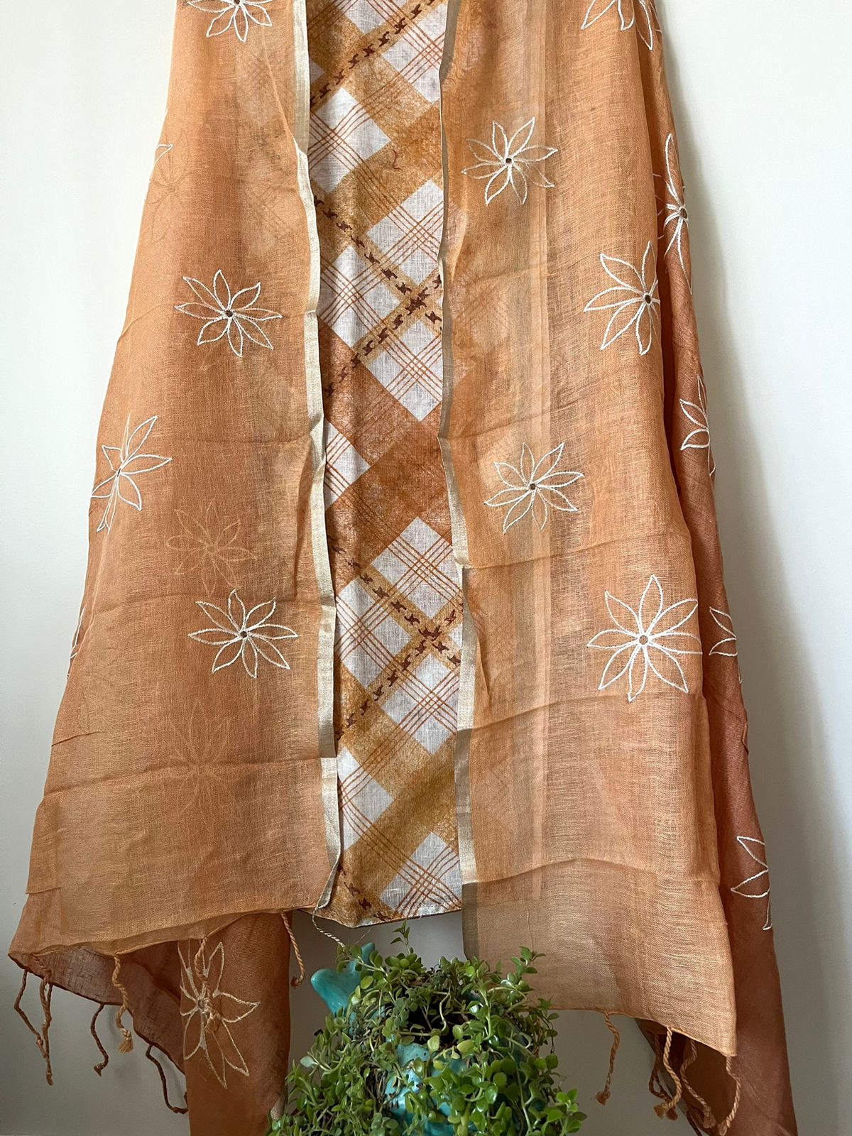 Pure Linen Embroidered 3 - piece Suits - Coffee Brown