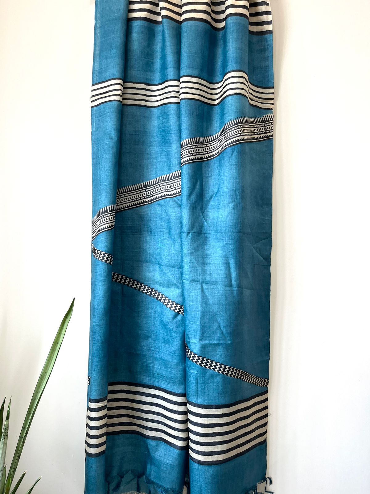 Pure Silk Tussar printed dupatta - Blue with Black