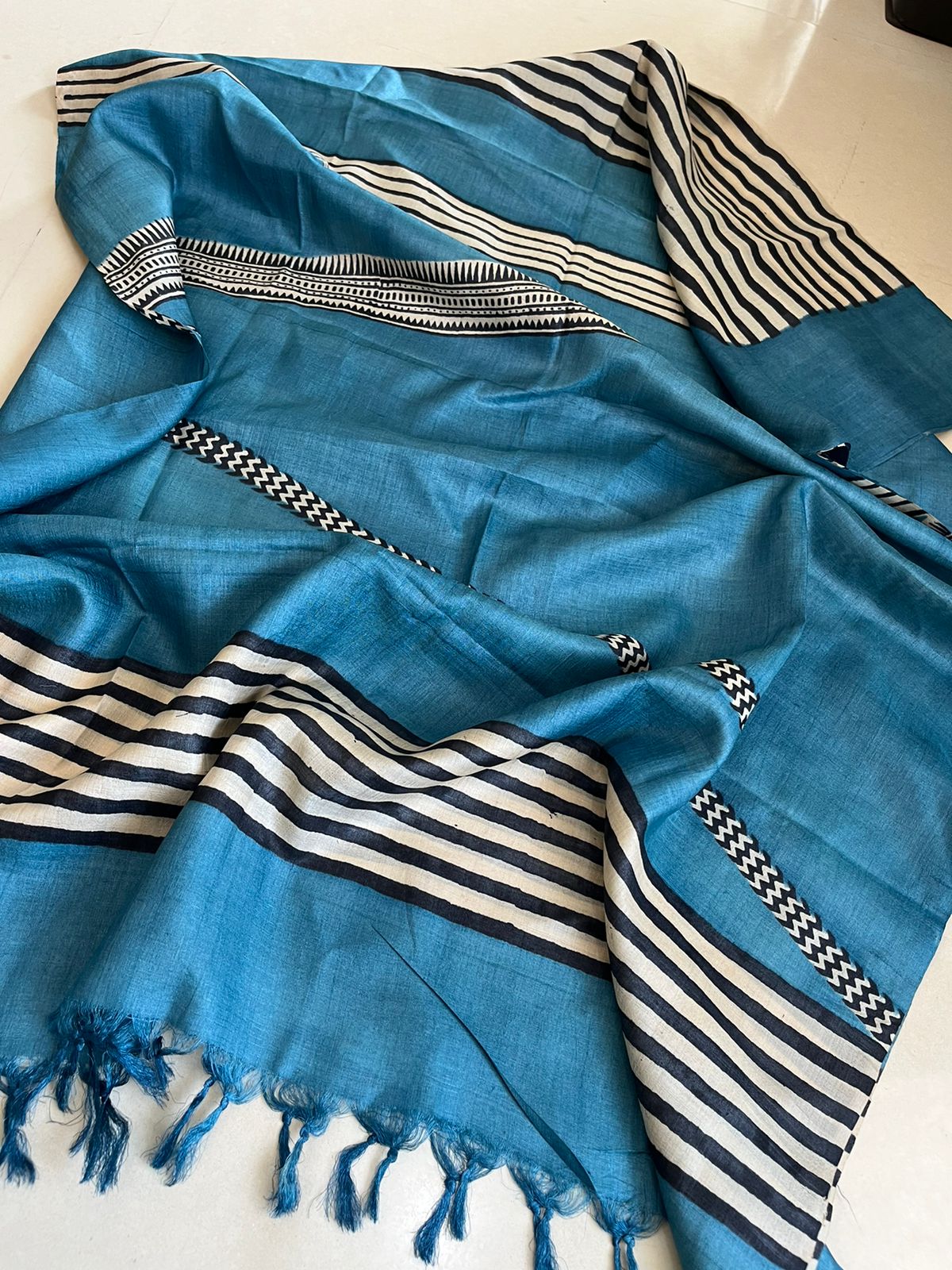 Pure Silk Tussar printed dupatta - Blue with Black