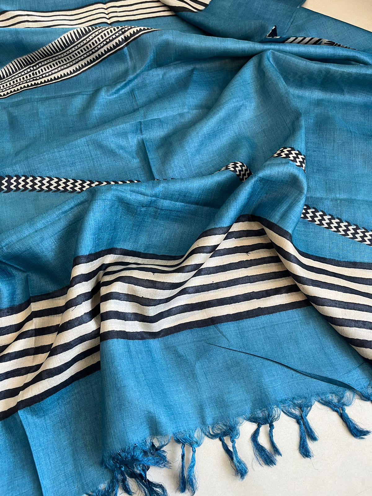 Pure Silk Tussar printed dupatta - Blue with Black