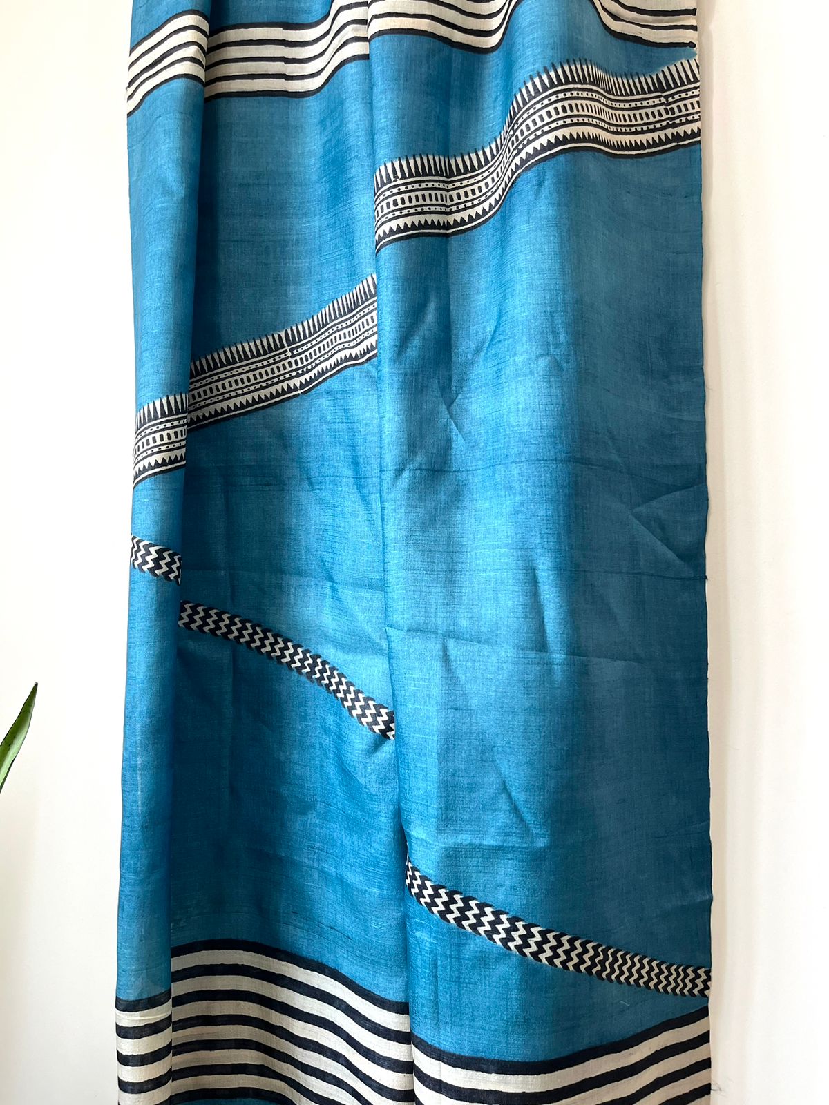 Pure Silk Tussar printed dupatta - Blue with Black