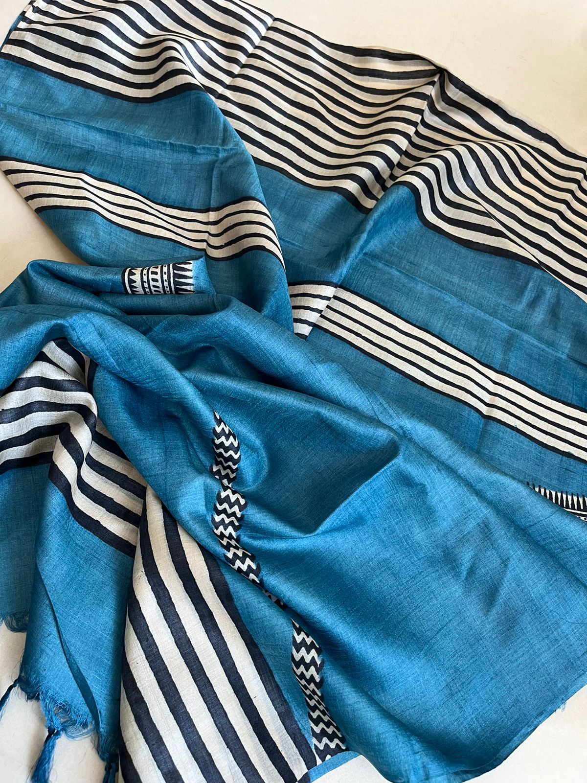 Pure Silk Tussar printed dupatta - Blue with Black