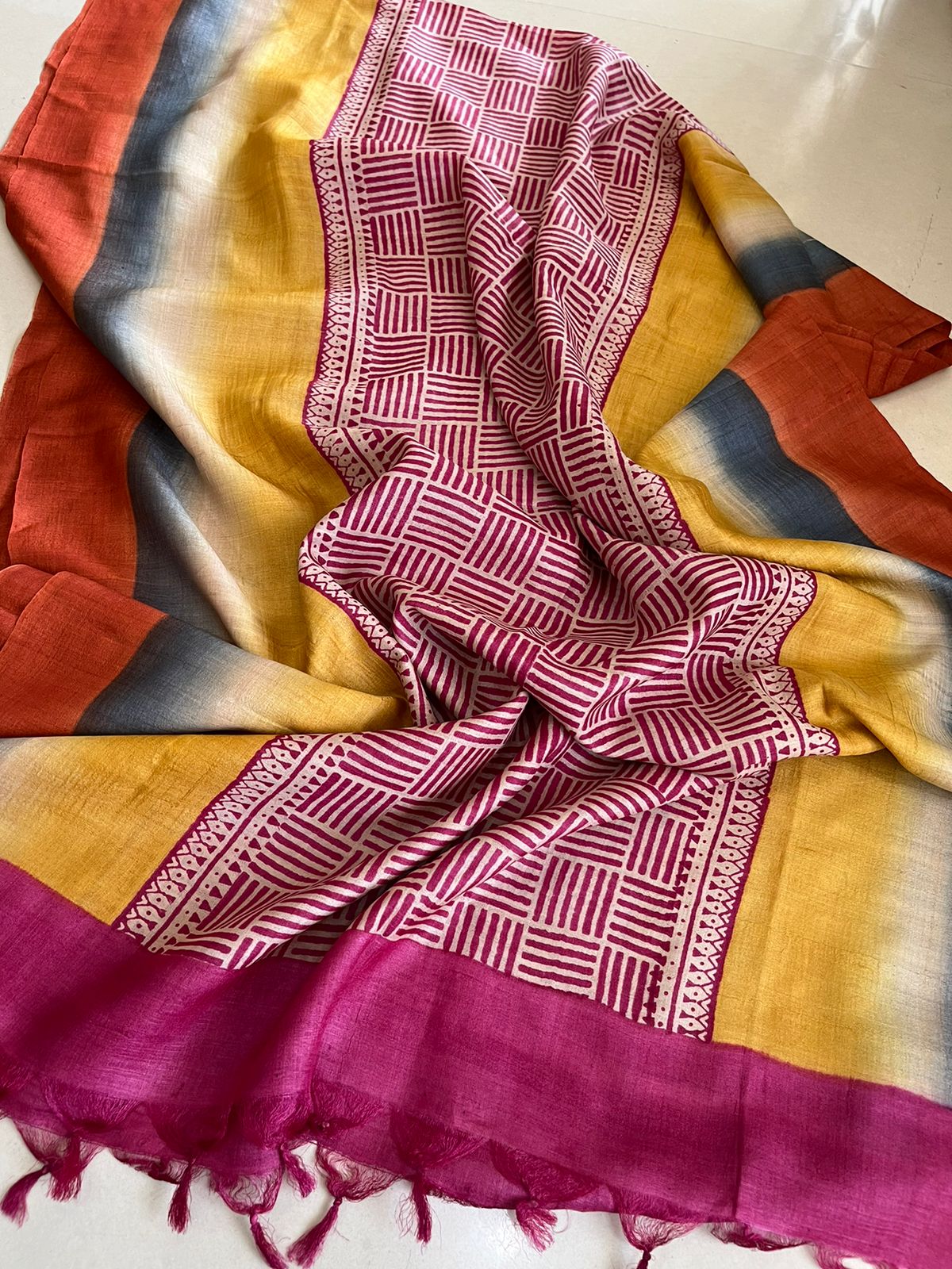 Pure Silk Tussar printed dupatta - Multicolour - lovely contrast and combination