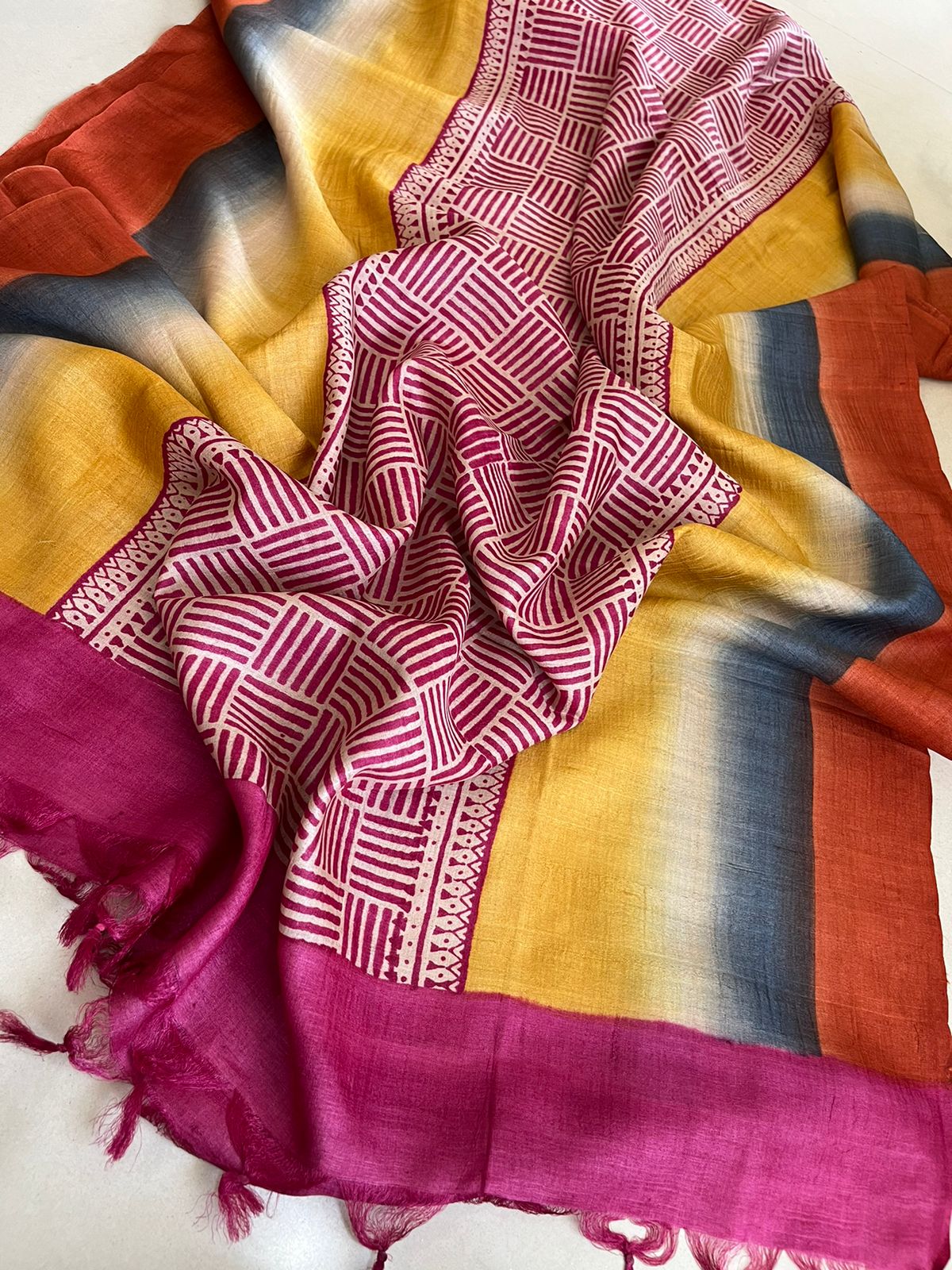 Pure Silk Tussar printed dupatta - Multicolour - lovely contrast and combination