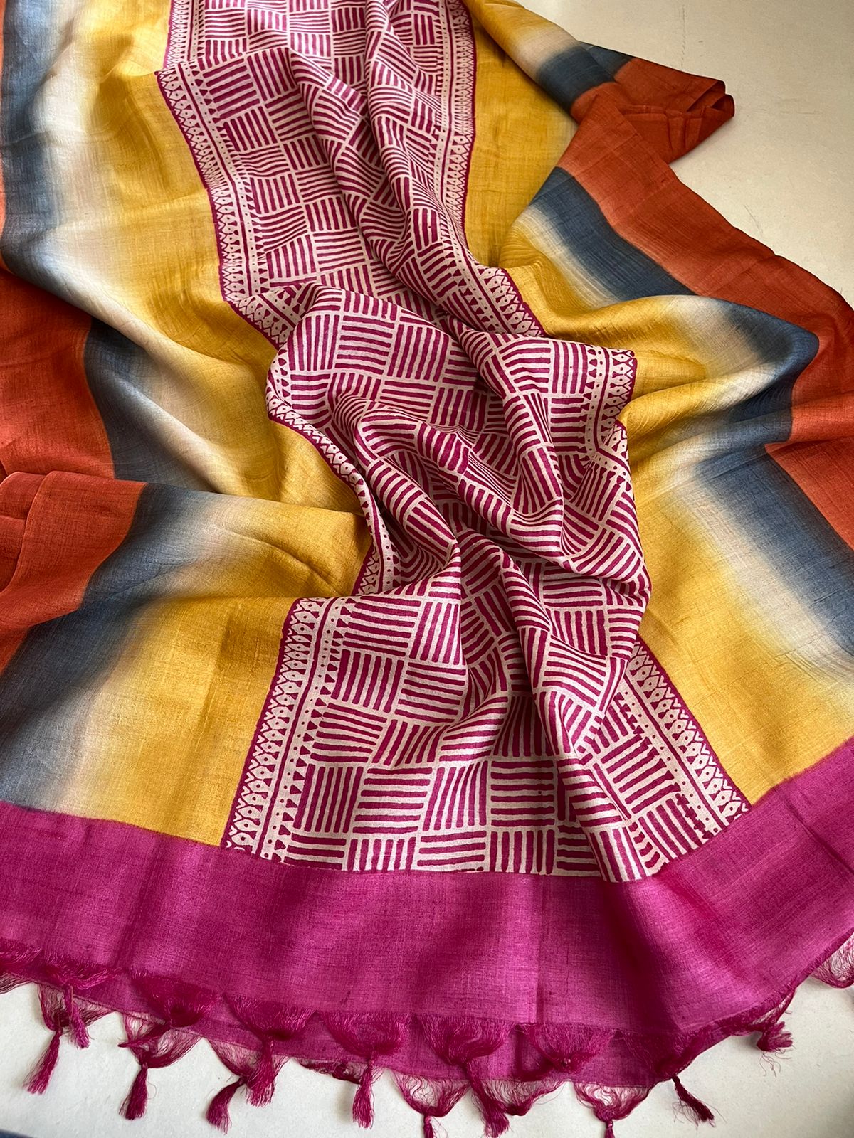 Pure Silk Tussar printed dupatta - Multicolour - lovely contrast and combination
